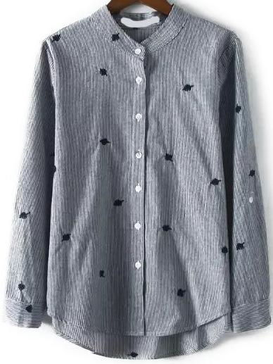 Romwe Dip Hem Vertical Striped Embroidered Blouse