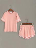 Romwe Pink Striped Trim Top With Contrast Trim Pockets Shorts