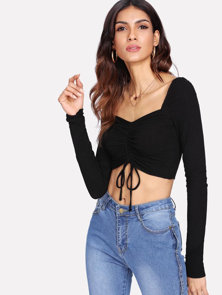 Romwe Drawstring Detail Crop Ribbed Tee