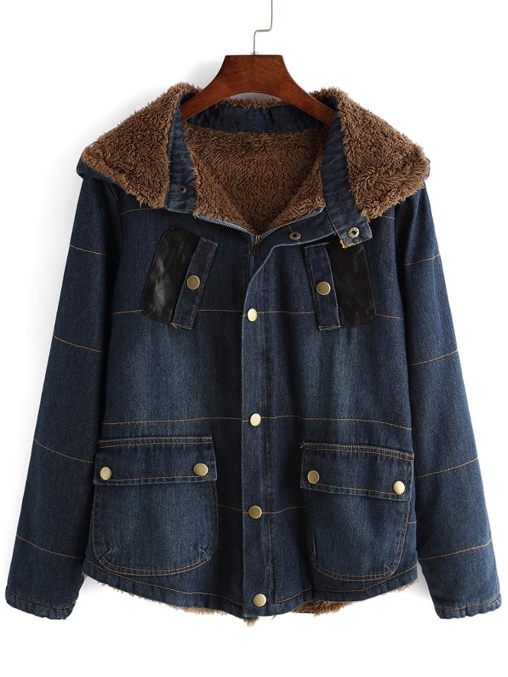 Romwe Hooded Zipper Pockets Denim Coat