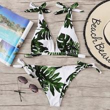 Romwe Random Palm Print Top With Tie Side Bikini