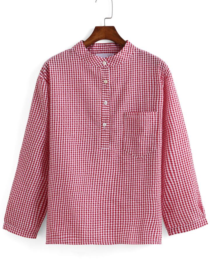 Romwe With Pocket Gingham Red Blouse