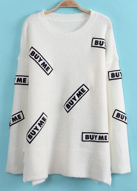 Romwe Buyme Print Knit White Sweater