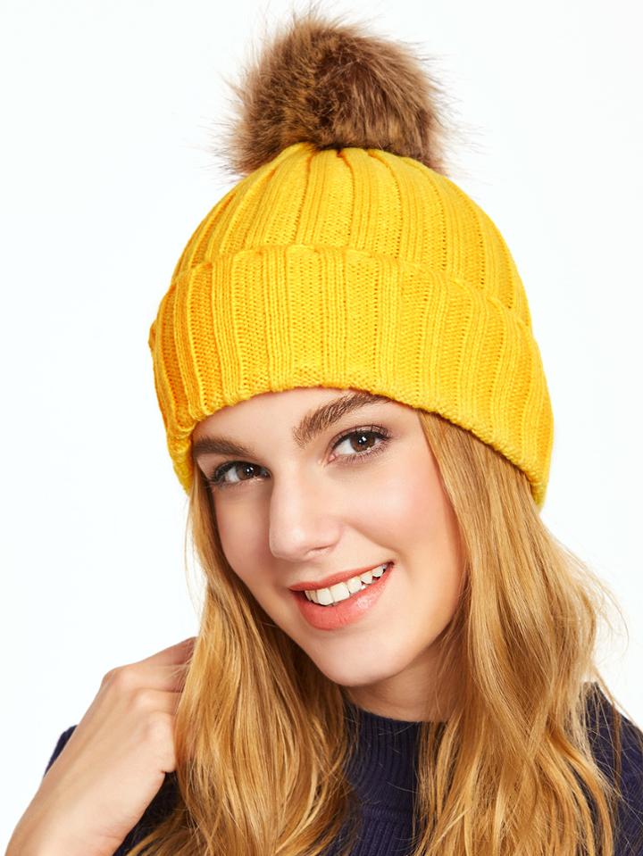 Romwe Light Orange Pom Pom Ribbed Hat