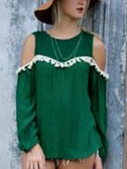 Romwe Open Shoulder Fringe Chiffon Green Blouse