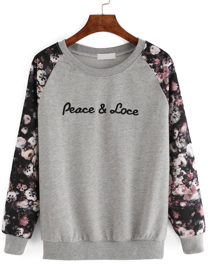 Romwe Raglan Sleeve Letter Embroidered Florals Grey Sweatshirt