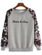Romwe Raglan Sleeve Letter Embroidered Florals Grey Sweatshirt
