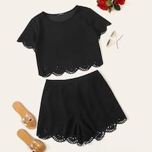 Romwe Plus Scalloped Laser Cut Top & Shorts Set