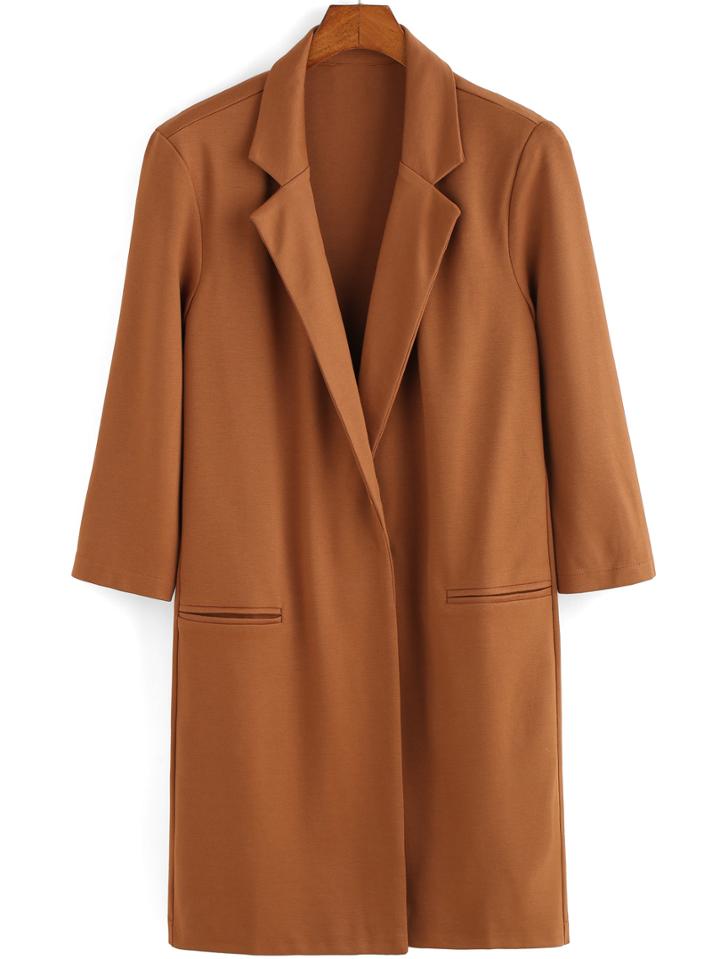 Romwe Lapel Edge Pockets Khaki Coat