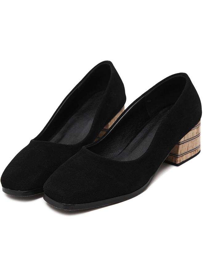 Romwe Black Square Toe Chunky Heel Real Leather Pumps
