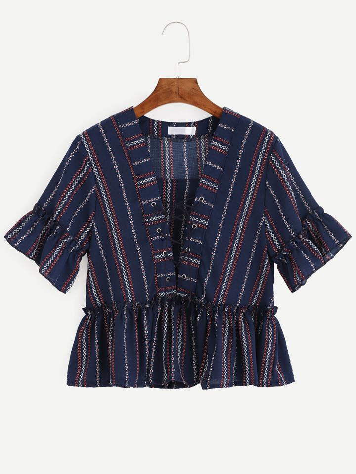 Romwe Navy Floral Striped Lace Up V Neck Ruffle Top