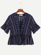 Romwe Navy Floral Striped Lace Up V Neck Ruffle Top