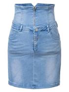 Romwe Blue Pockets High Waist Zipper Front Denim Skirt