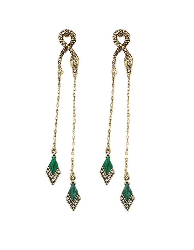 Romwe Green Rhinestone Haning Long Earrings