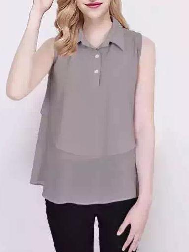 Romwe Grey Lapel Sleeveless Chiffon Blouse