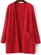 Romwe Red Ribbed Split Side Longline Sweater Coat With Pocket