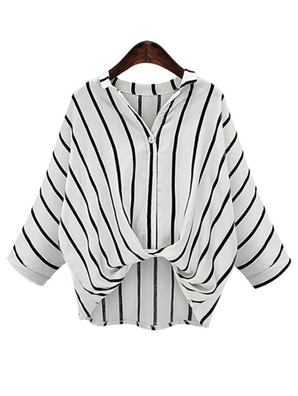Romwe Vertical Striped Draped Front Blouse - White