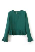 Romwe Pleated Sheer Green Blouse