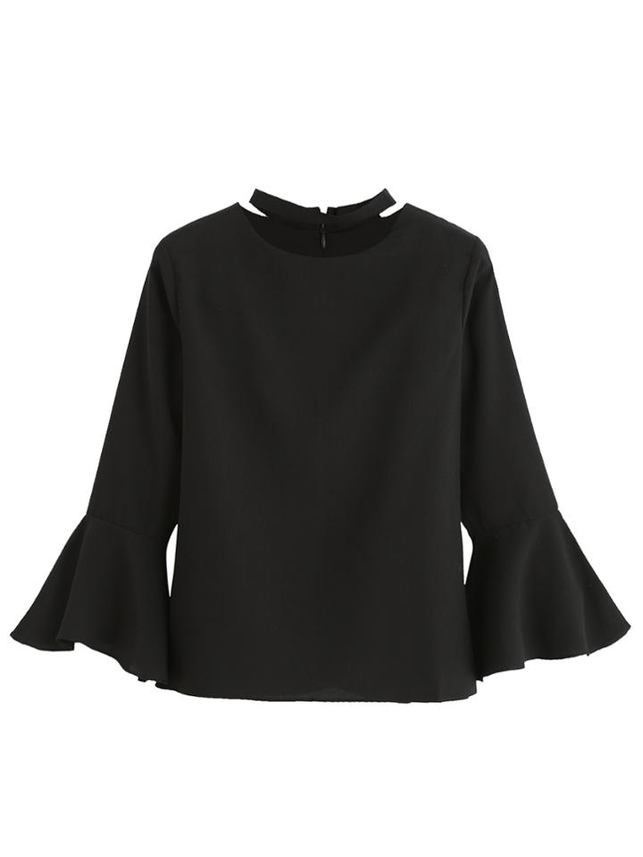 Romwe Black Bell Sleeve Choker Blouse With Zipper Back