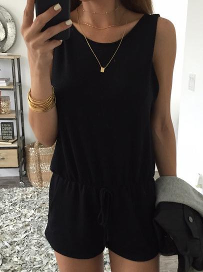 Romwe Scoop Back Elastic Waist Romper - Black