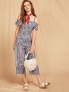Romwe Cold Shoulder Ruffle Sleeve Structured Gingham Jumpsuit