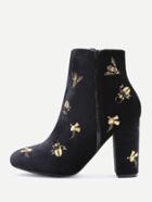 Romwe Black Embroidery Detail Side Zipper Chunky Heel Boots