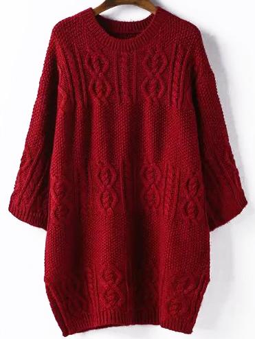 Romwe Cable Knit Split Side Long Burgundy Sweater