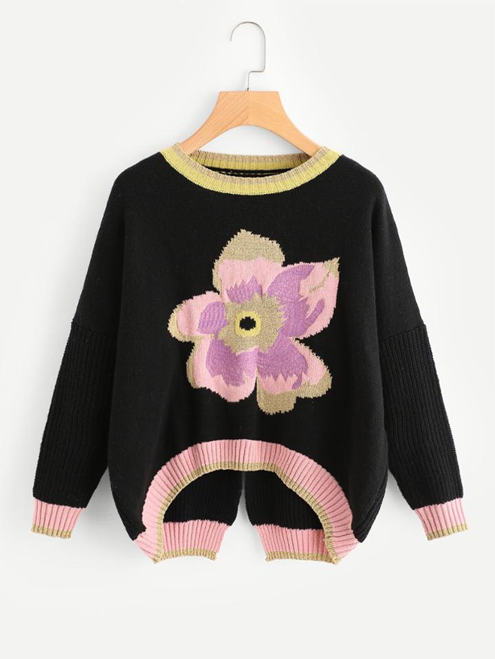 Romwe Flower Pattern Slit Back Dip Hem Jumper