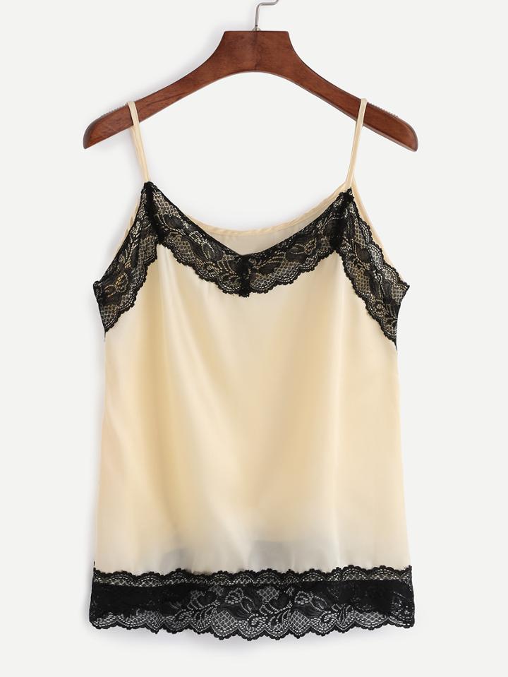 Romwe Beige Contrast Lace Trim Cami Top