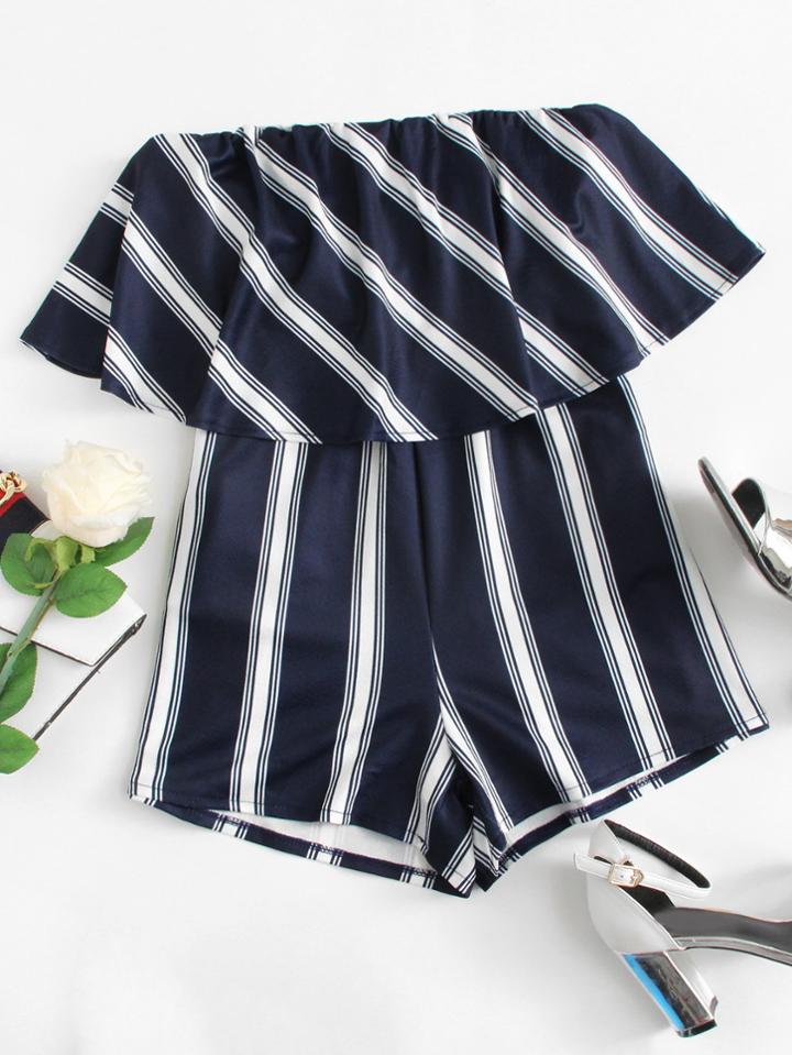 Romwe Off Shoulder Tiered Striped Romper