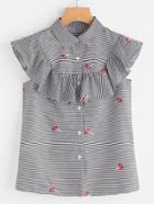 Romwe Ruffle Yoke Red Lip Embroidered Striped Blouse