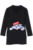 Romwe Cat Patched Loose Longline Black T-shirt