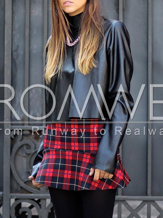 Romwe Black Mock Neck Pu Leather Crop Blouse