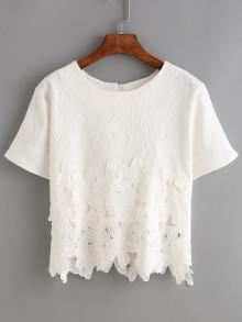 Romwe Lace Insert Jacquard Zip Back Blouse
