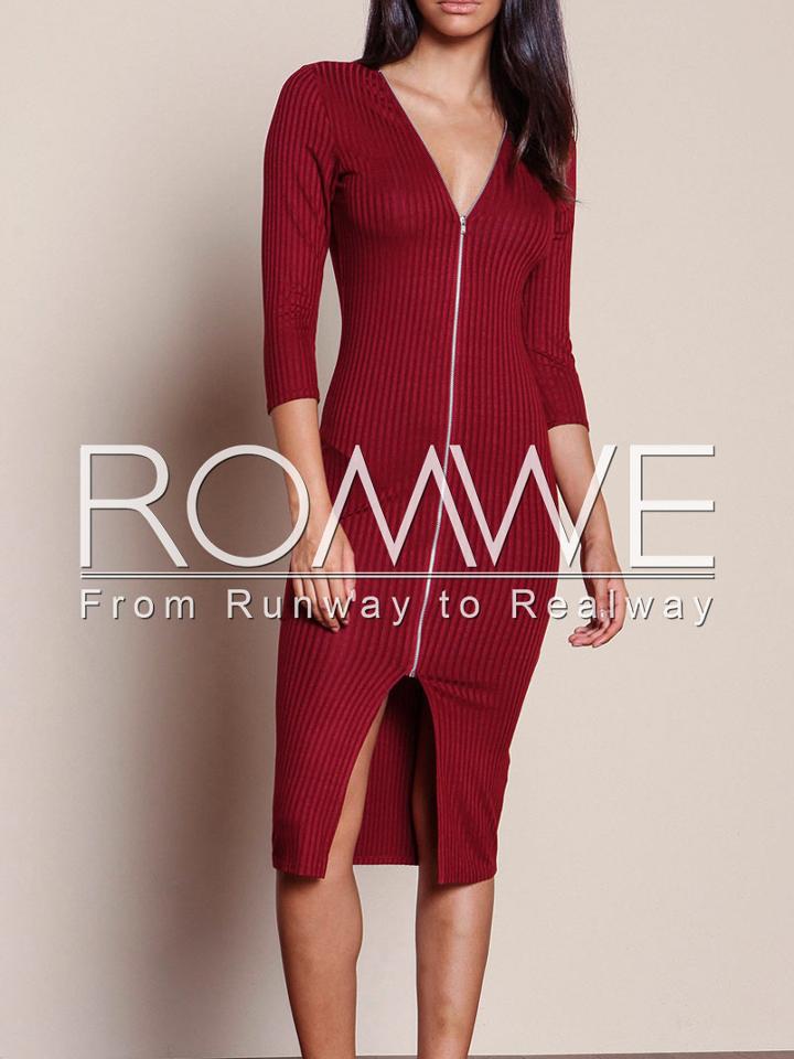 Romwe Burgundy V Neck Slim Dress