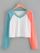 Romwe V Neckline Raglan Contrast Sleeve T-shirt