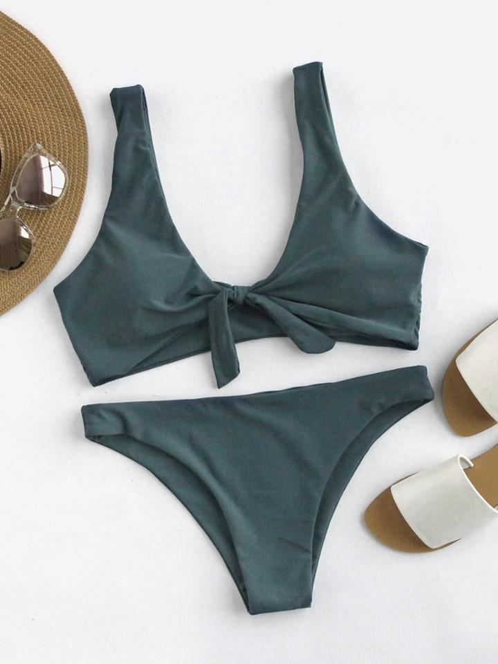 Romwe Bow Tie Front Scoop Back Bikini Set