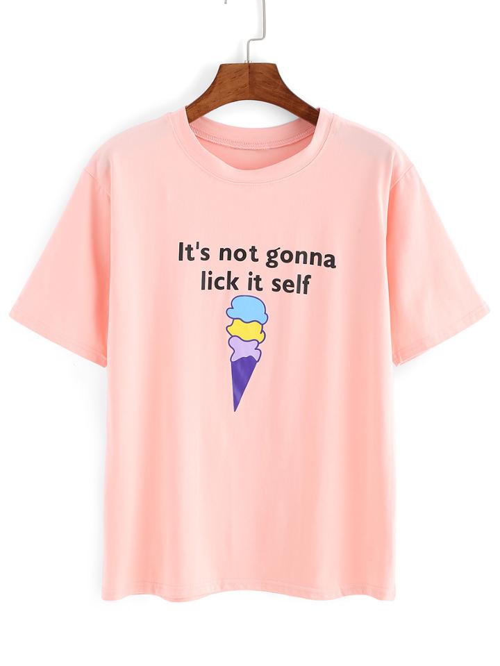 Romwe Ice Cream Print Pink T-shirt