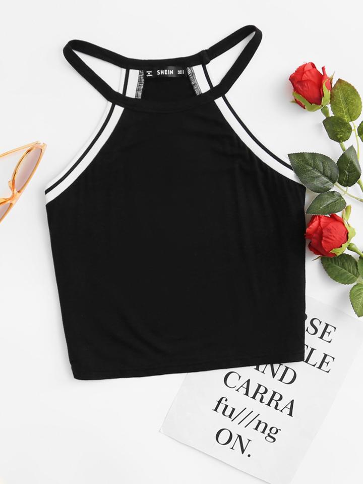 Romwe Striped Trim Halter Top