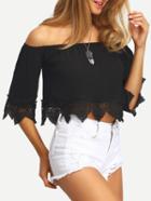 Romwe Scalloped Crochet Trimmed Off-the-shoulder Black Blouse