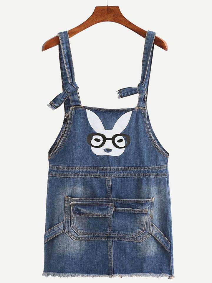 Romwe Blue Cartoon Print Fringe Denim Romper