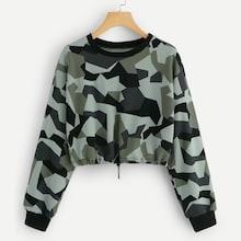 Romwe Drawstring Hem Camouflage Sweatshirt