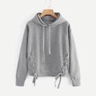Romwe Plus Lace Up Front Solid Hoodie