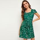 Romwe Ditsy Floral Tie Front Button Through Dress