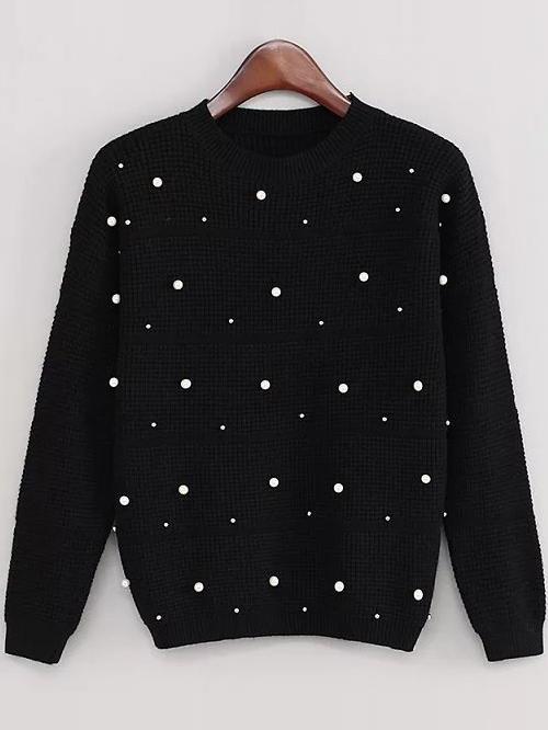 Romwe Black Drop Shoulder Beaded Sweater