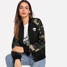 Romwe Zip Up Camo Sleeve Bomber Jacket