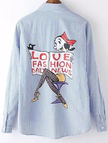 Romwe Blue Lapel Vertical Stripe Cartoon Print Blouse