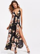 Romwe Plunging Strappy Back High Slit Florals Dress