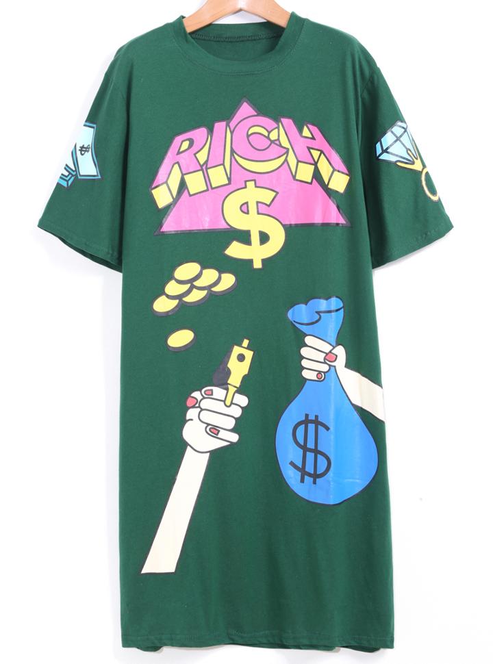 Romwe Money Print Green T-shirt
