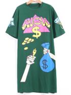Romwe Money Print Green T-shirt